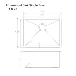 ZLINE Meribel 23 in. Undermount Single Bowl Stainless Steel Kitchen Sink with Bottom Grid (SRS-23) dimensional diagram.