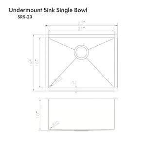 ZLINE Meribel 23 in. Undermount Single Bowl Stainless Steel Kitchen Sink with Bottom Grid (SRS-23) dimensional diagram.