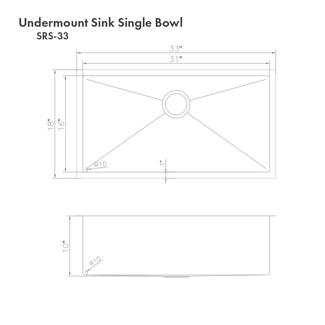 ZLINE Meribel 33 in. Undermount Single Bowl Stainless Steel Kitchen Sink with Bottom Grid (SRS-33) dimensional diagram.