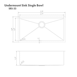 ZLINE Meribel 33 in. Undermount Single Bowl Stainless Steel Kitchen Sink with Bottom Grid (SRS-33) dimensional diagram.