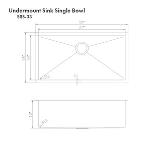 ZLINE Meribel 33 in. Undermount Single Bowl Stainless Steel Kitchen Sink with Bottom Grid (SRS-33) dimensional diagram.