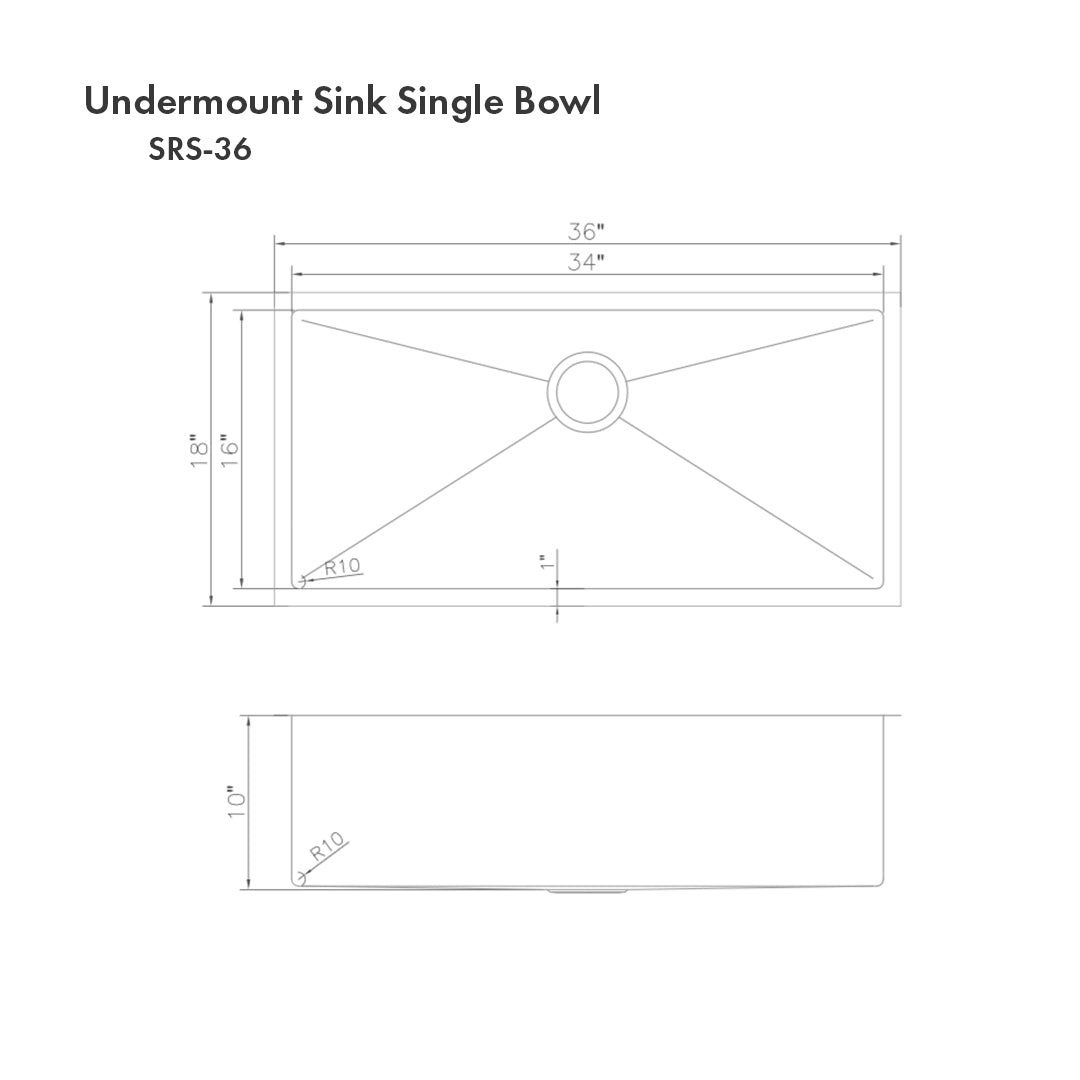 ZLINE Meribel 36 in. Undermount Single Bowl Stainless Steel Kitchen Sink with Bottom Grid (SRS-36) dimensional diagram.