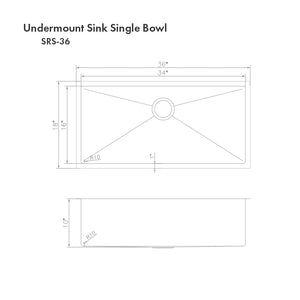 ZLINE Meribel 36 in. Undermount Single Bowl Stainless Steel Kitchen Sink with Bottom Grid (SRS-36) dimensional diagram.