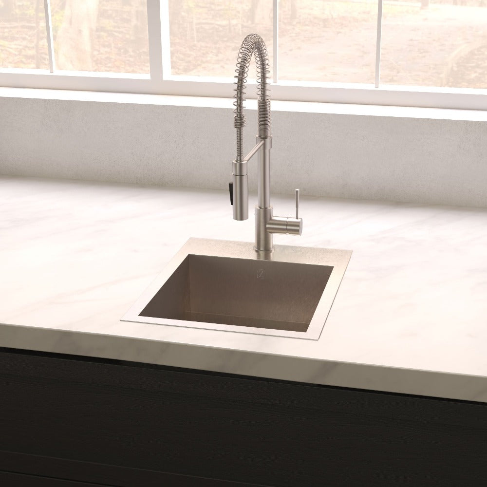 ZLINE Donner 15 in. Topmount Single Bowl Scratch Resistant Stainless Steel Bar Kitchen Sink (STS-15S) in a farmhouse-style kitchen, front.