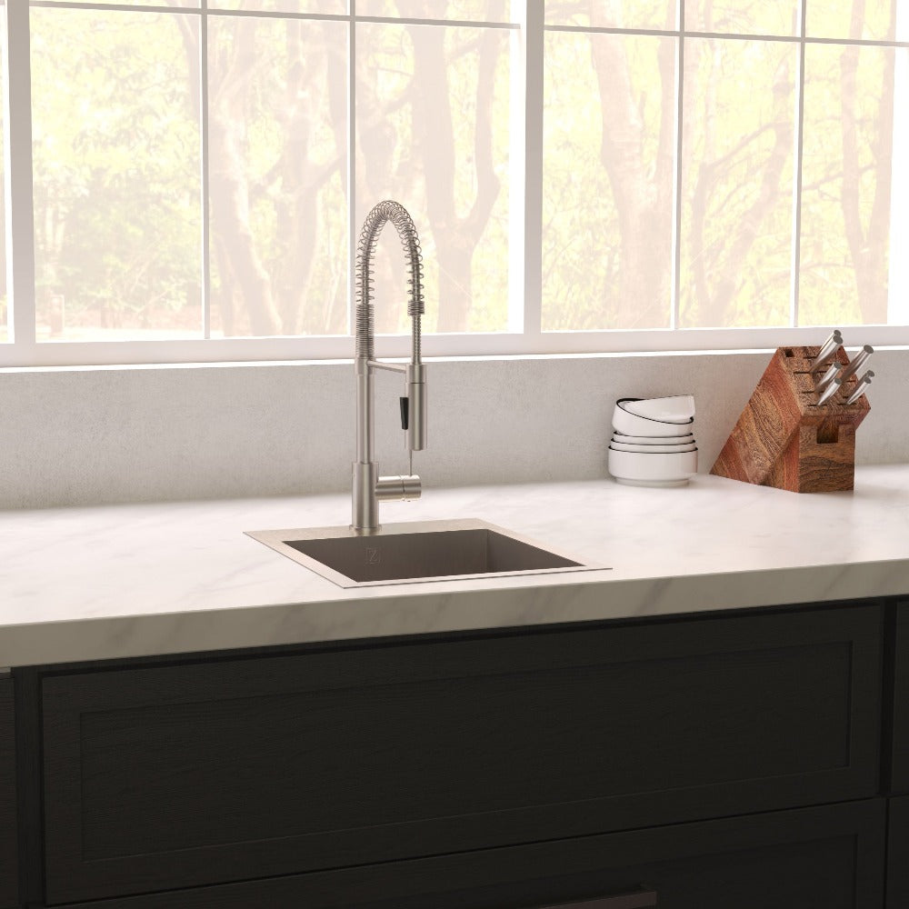 ZLINE Donner 15 in. Topmount Single Bowl Stainless Steel Bar Kitchen Sink (STS-15) in a farmhouse-style kitchen, side.