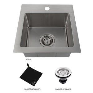 ZLINE Donner 15 in. Topmount Single Bowl Stainless Steel Bar Kitchen Sink (STS-15) with microfiber cloth and basket strainer.