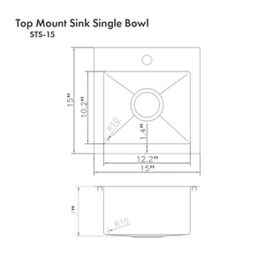 ZLINE Donner 15 in. Topmount Single Bowl Stainless Steel Bar Kitchen Sink (STS-15) dimensional diagram.