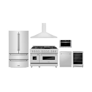 ZLINE Kitchen Package with 36 in. French Door Refrigerator, 48 in. Dual Fuel Range, 48 in. Range Hood, 24 in. Microwave Drawer, 24 in. Tall Tub Dishwasher and 24 in. Beverage Fridge in Stainless Steel (6KPR-RARH48-MWDWV-RBV)