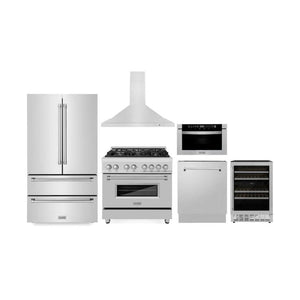 ZLINE Kitchen Package with 36 in. French Door Refrigerator, 36 in. Dual Fuel Range, 36 in. Range Hood, 24 in. Microwave Drawer, 24 in. Tall Tub Dishwasher and 24 in. Wine Cooler in Stainless Steel (6KPR-RARH36-MWDWV-RWV)