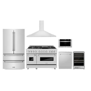 ZLINE Kitchen Package with 36 in. French Door Refrigerator, 48 in. Dual Fuel Range, 48 in. Range Hood, 24 in. Microwave Drawer, 24 in. Tall Tub Dishwasher and 24 in. Wine Cooler in Stainless Steel (6KPR-RARH48-MWDWV-RWV)