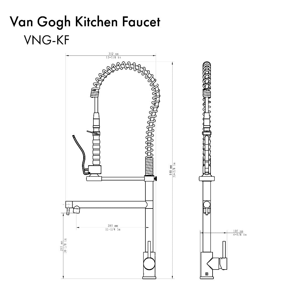 ZLINE Van Gogh Pull Down Spring Kitchen Faucet with Pot Filler in Matte Black (VNG-KF-MB) dimensional diagram.