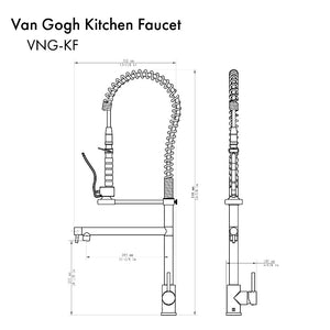 ZLINE Van Gogh Pull Down Spring Kitchen Faucet with Pot Filler in Matte Black (VNG-KF-MB) dimensional diagram.