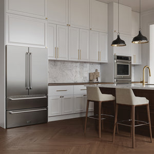 Modern farmhouse kitchen with ZLINE 36 in. 22.5 cu. ft. Counter-Depth French Door Refrigerator with Ice Maker in Fingerprint-Resistant Stainless Steel (RFM-36), white cabinets, and marble countertop.