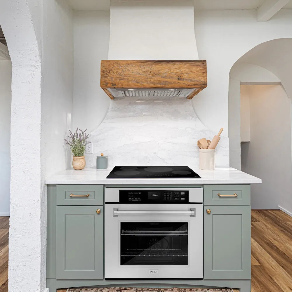 Farmhouse kitchen with green cabinets, white countertop, and a ZLINE 30 in. Professional True Convection Single Wall Oven with Air Fry and Self Clean in Stainless Steel (WAS-30) below cooktop.