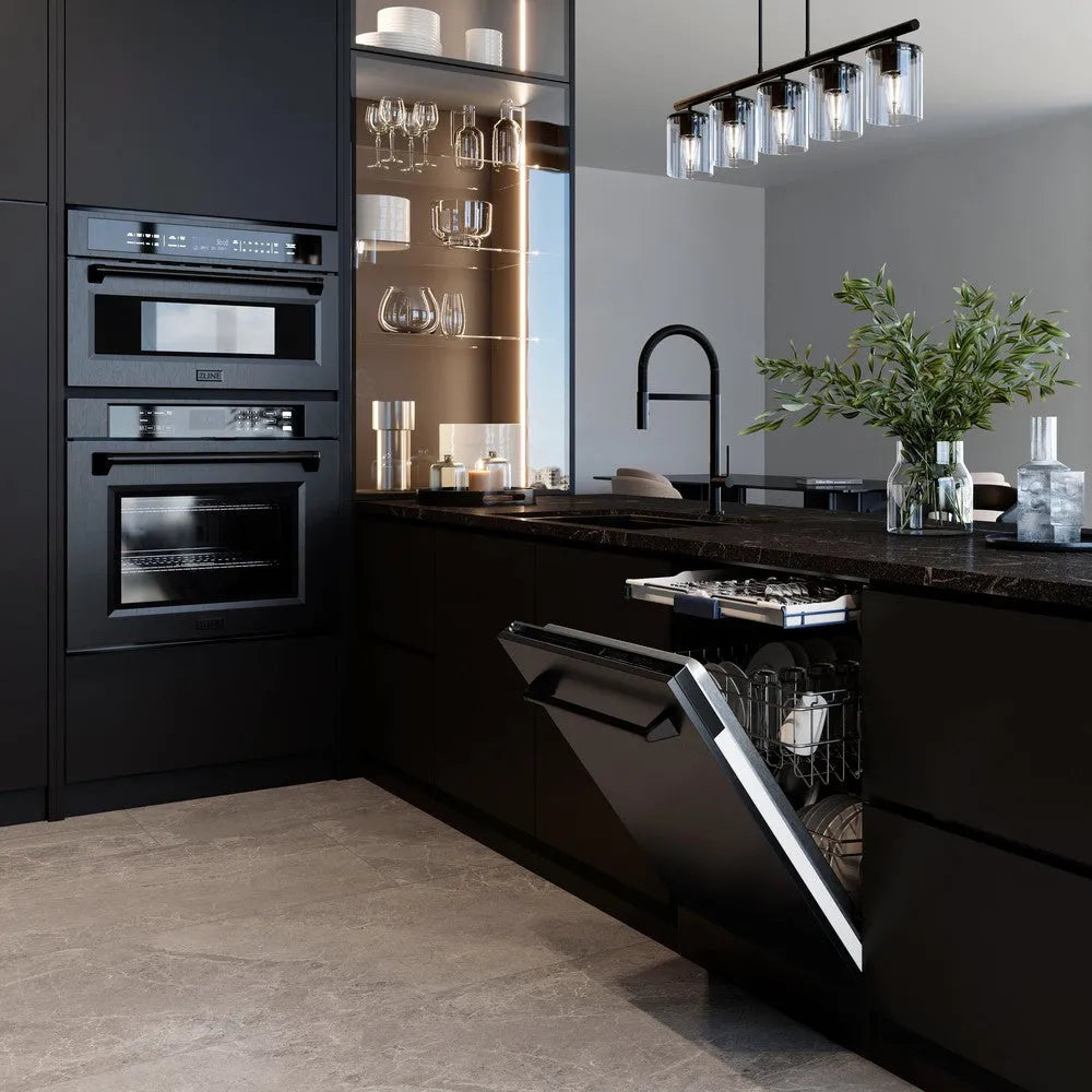 Modern kitchen with black appliances and open ZLINE 24 in. Tallac Series 3rd Rack Dishwasher with Black Stainless Steel Panel and Traditional Handle, 51dBa (DWV-BS-24)