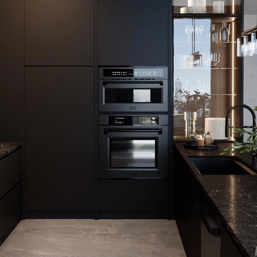 Modern kitchen with ZLINE 30 in. Professional True Convection Single Wall Oven with Air Fry and Self Clean in Black Stainless Steel (WASB-30), black appliances and dark countertops