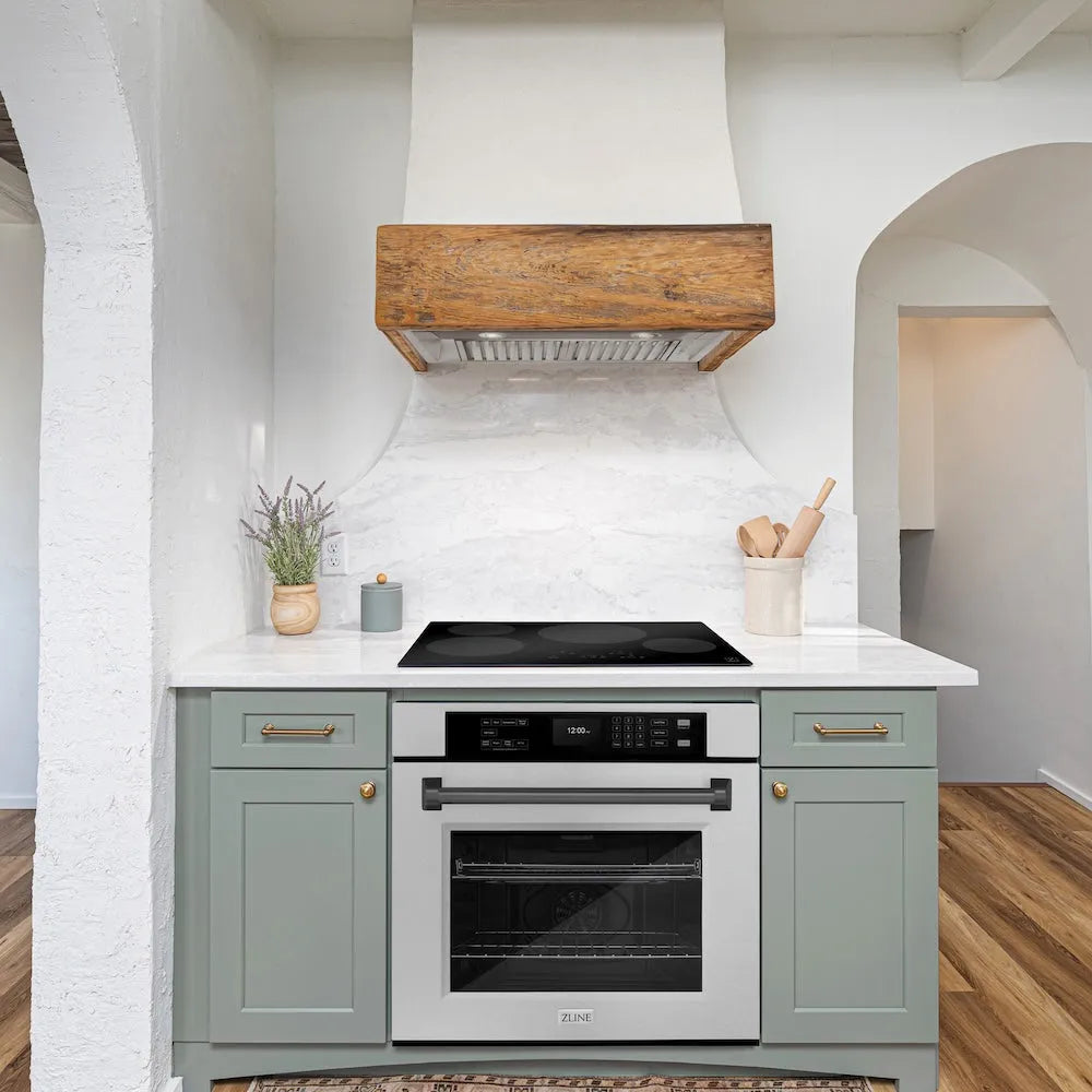 ZLINE 30 in. Autograph Edition Professional True Convection Single Wall Oven with Air Fry and Self Clean in Satin Stainless Steel with Matte Black Handle (WASSZ-30-MB) in a luxury Mediterranean-style kitchen.