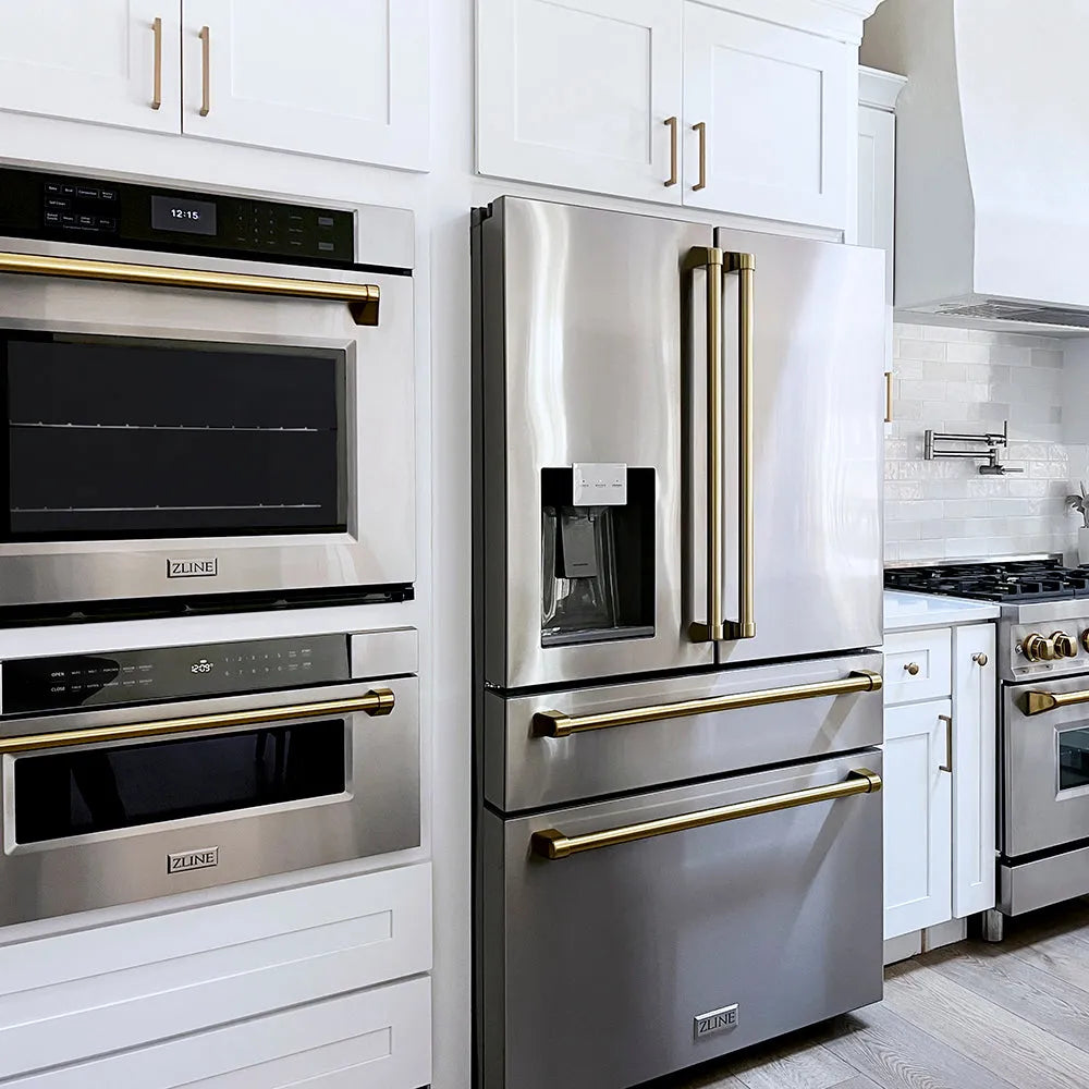 Farmhouse kitchen with stainless steel appliances, including a refrigerator and ZLINE Autograph Edition 30 in. Professional True Convection Single Wall Oven with Air Fry and Self Clean in Stainless Steel with Champagne Bronze Handle (WASZ-30-CB).
