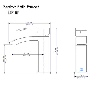 ZLINE Zephyr Single Handle Bath Faucet in Chrome (ZEP-BF-CH) dimensional diagram.