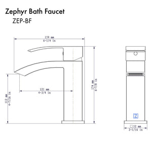 ZLINE Zephyr Single Handle Bath Faucet in Matte Black (ZEP-BF-MB) dimensional diagram.