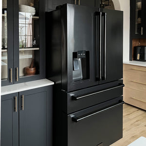 ZLINE 36 in. 21.6 cu. ft. Counter-Depth French Door Refrigerator with Water and Ice Dispenser in Fingerprint-Resistant Black Stainless Steel (RFM-W-36-BS) in a kitchen setting