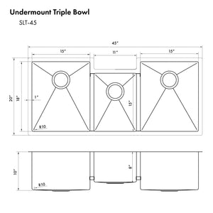 ZLINE Breckenridge 45 in. Undermount Triple Bowl Scratch Resistant Stainless Steel Kitchen Sink with Bottom Grid and Accessories (SLT-45S)