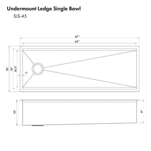 ZLINE Garmisch 45 in. Undermount Single Bowl Scratch Resistant Stainless Steel Kitchen Sink with Bottom Grid and Accessories (SLS-45S) dimensional diagram.