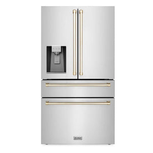 ZLINE Autograph Edition 36 in. 21.6 cu. ft Freestanding French Door Refrigerator with Water Dispenser in Stainless Steel with Polished Gold Accents (RFMZ-W-36-G) front, closed.