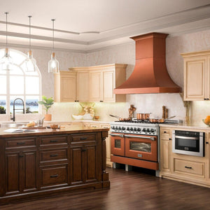 ZLINE Designer Series Copper Finish Wall Range Hood (8632C) in a farmhouse-style kitchen.
