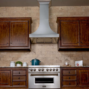 ZLINE Designer Series Fingerprint Resistant Stainless Steel Wall Range Hood (8632S) in a rustic-style kitchen, front under.