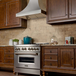 ZLINE Designer Series Fingerprint Resistant Stainless Steel Wall Range Hood (8632S) in a rustic-style kitchen side