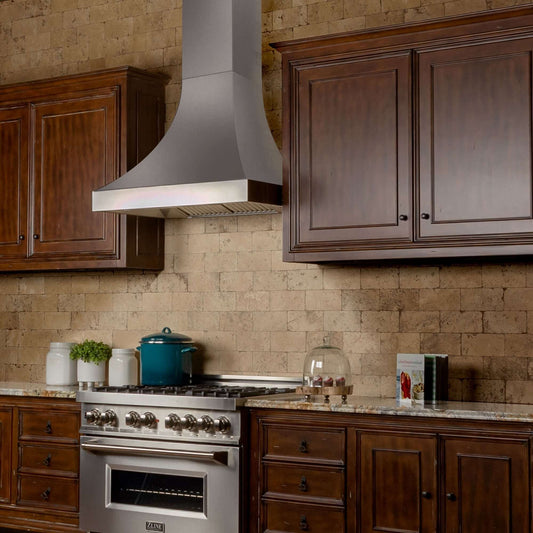 ZLINE Designer Series Fingerprint Resistant Stainless Steel Wall Range Hood (8632S) in a rustic-style kitchen, side.