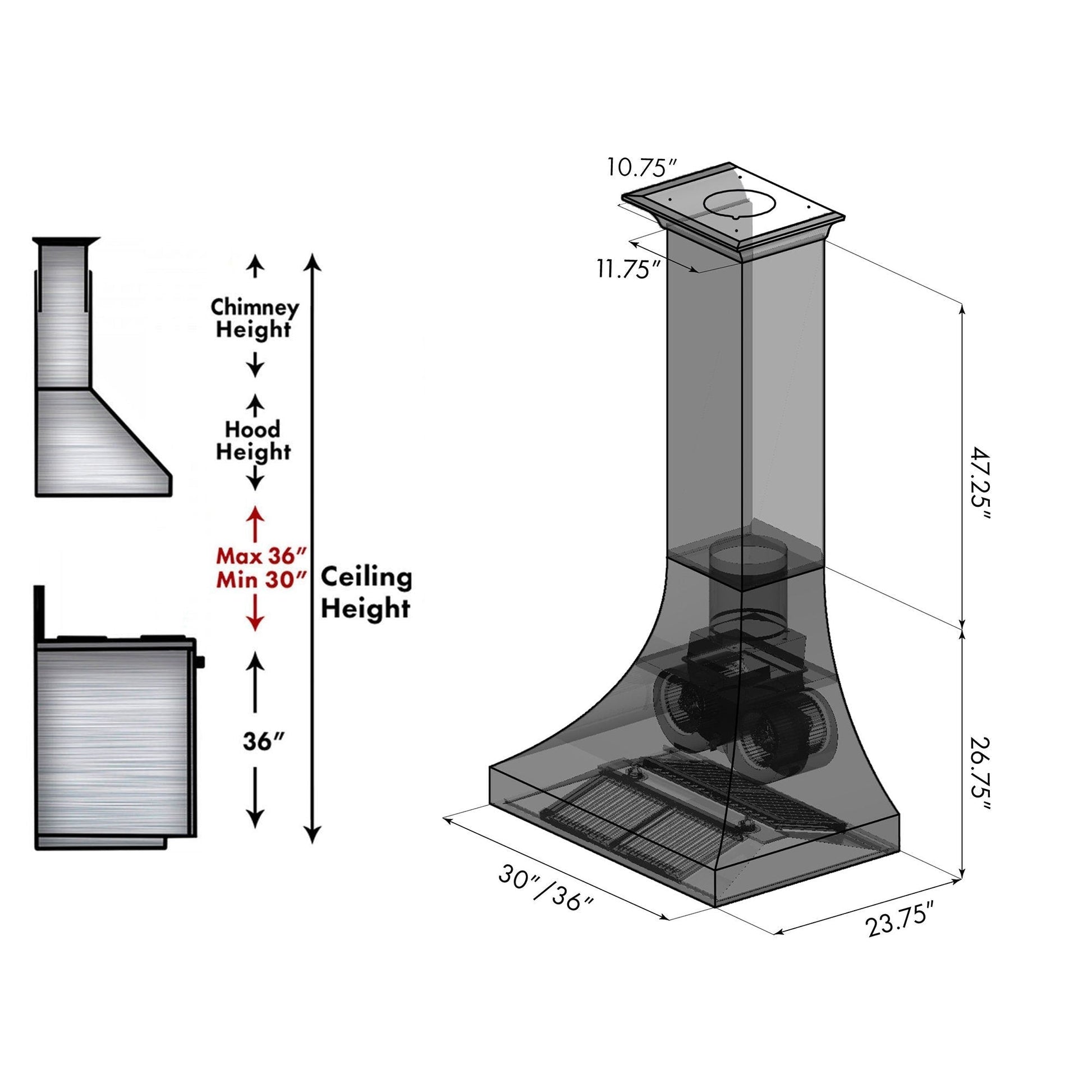 ZLINE Designer Series Hand-Hammered Copper Finish Wall Range Hood (8632H) chimney height guide and dimensional diagram for 30-inch and 36-inch sizes.