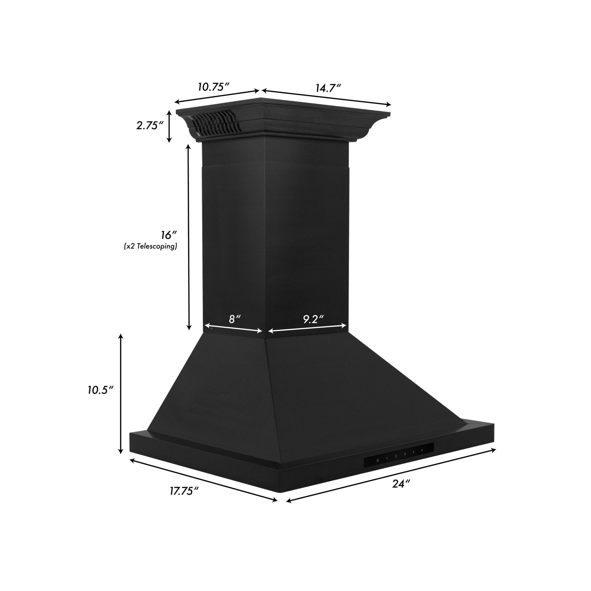 ZLINE Ducted Vent Wall Mount Range Hood in Black Stainless Steel with Built-in ZLINE CrownSound Bluetooth Speakers (BSKBNCRN-BT) dimensional diagram.