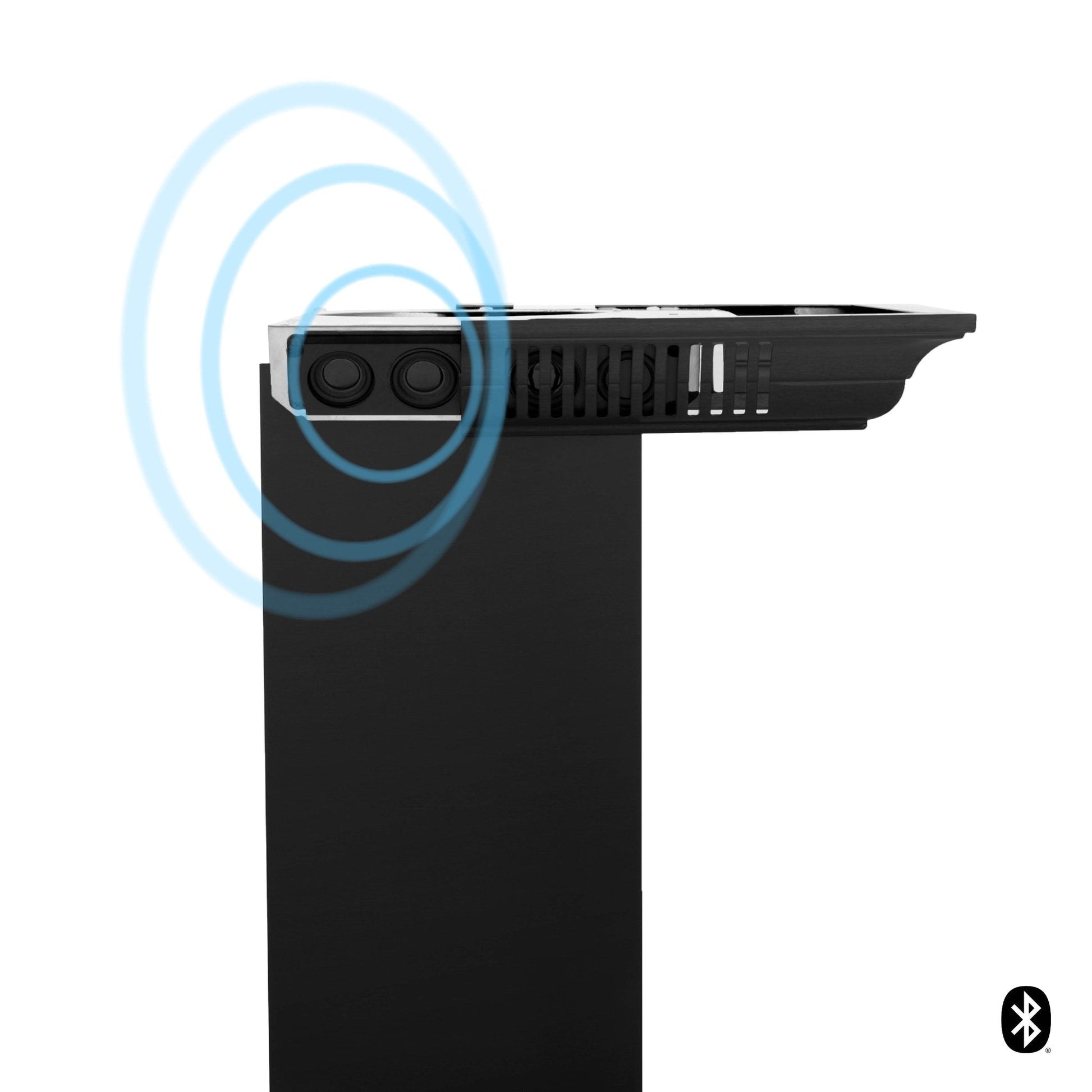 Bluetooth Speakers inside range hood chimney close-up.