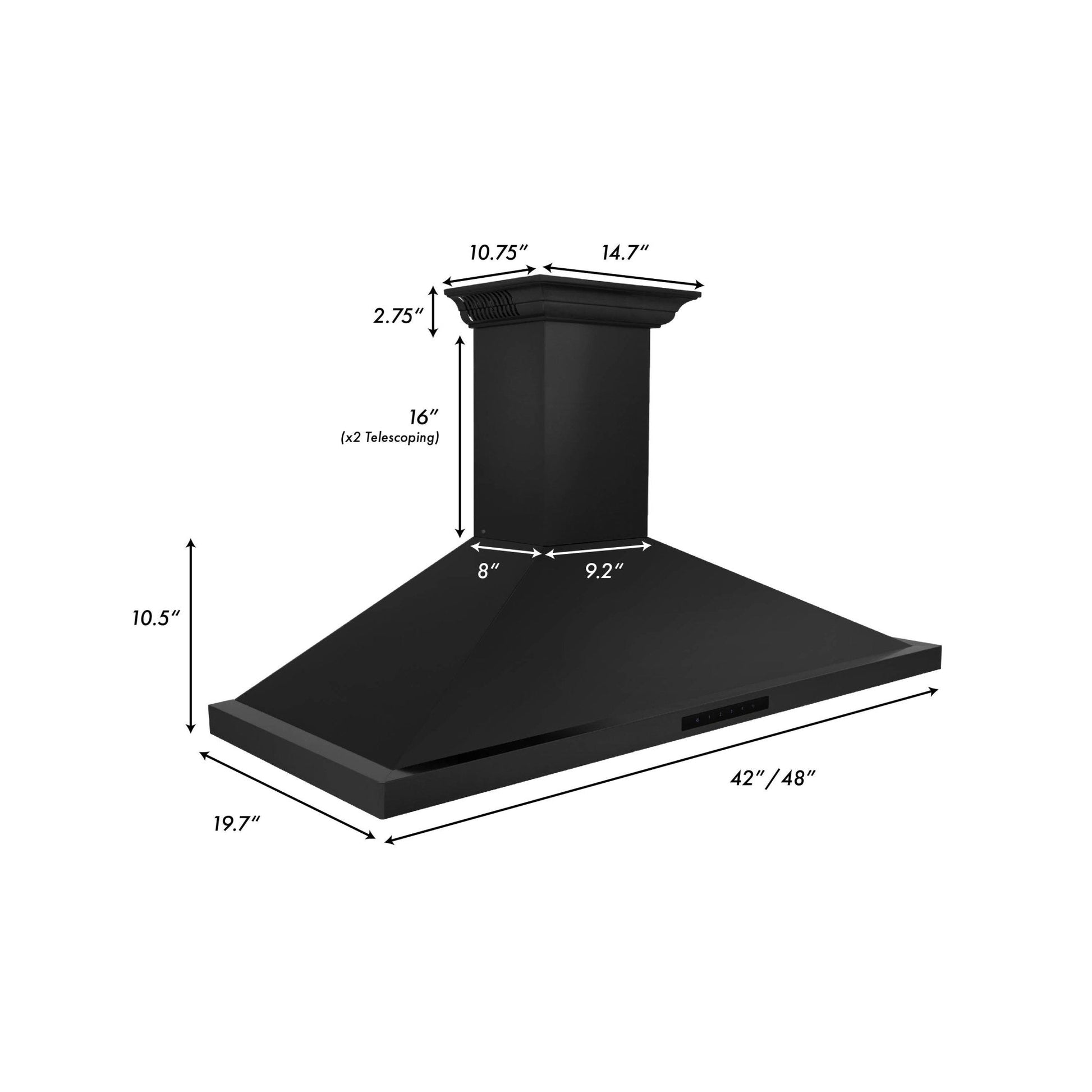 ZLINE Ducted Vent Wall Mount Range Hood in Black Stainless Steel with Built-in ZLINE CrownSound Bluetooth Speakers (BSKBNCRN-BT) dimensional diagram.