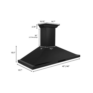 ZLINE Ducted Vent Wall Mount Range Hood in Black Stainless Steel with Built-in ZLINE CrownSound Bluetooth Speakers (BSKBNCRN-BT) dimensional diagram.