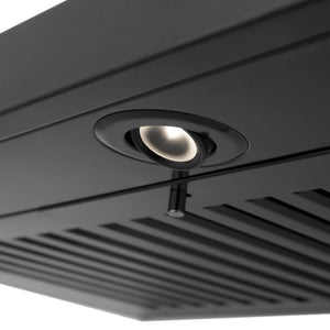 ZLINE Ducted Vent Wall Mount Range Hood in Black Stainless Steel with Built-in ZLINE CrownSound Bluetooth Speakers (BSKBNCRN-BT) built-in LED lighting.