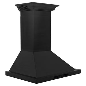 ZLINE Ducted Vent Wall Mount Range Hood in Black Stainless Steel with Built-in ZLINE CrownSound Bluetooth Speakers (BSKBNCRN-BT) side, above.