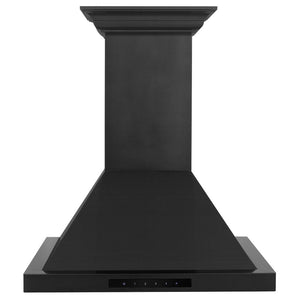 ZLINE Ducted Vent Wall Mount Range Hood in Black Stainless Steel with Built-in ZLINE CrownSound Bluetooth Speakers (BSKBNCRN-BT) front.