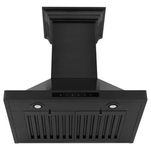 ZLINE Ducted Vent Wall Mount Range Hood in Black Stainless Steel with Built-in ZLINE CrownSound Bluetooth Speakers (BSKBNCRN-BT) front, under.