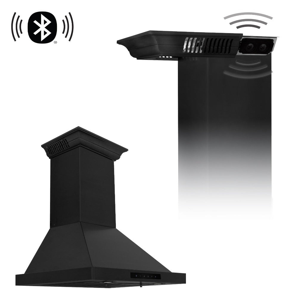 ZLINE 30 in. CrownSound™ Ducted Vent Wall Mount Range Hood in Black Stainless Steel with Built-in Bluetooth Speakers (BSKBNCRN-BT-30)