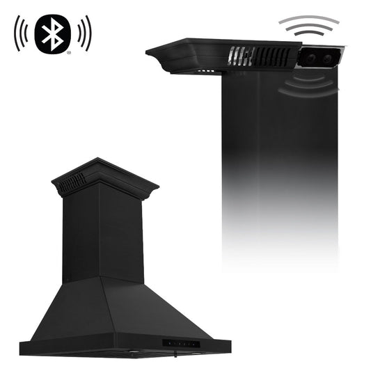 ZLINE 30 in. CrownSound™ Ducted Vent Wall Mount Range Hood in Black Stainless Steel with Built-in Bluetooth Speakers (BSKBNCRN-BT-30)