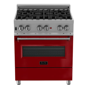 ZLINE 36 in. 4.6 cu. ft. Legacy Dual Fuel Range with 6 Burner Gas Cooktop and Electric Convection Oven in Satin Stainless Steel and Red Gloss Door (RAS-RG-36) front, oven closed.
