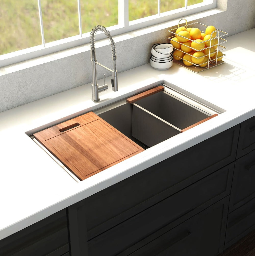 ZLINE Garmisch 27 in. Undermount Single Bowl Stainless Steel Kitchen Sink with Bottom Grid and Accessories (SLS-27) in a farmhouse-style kitchen, side.