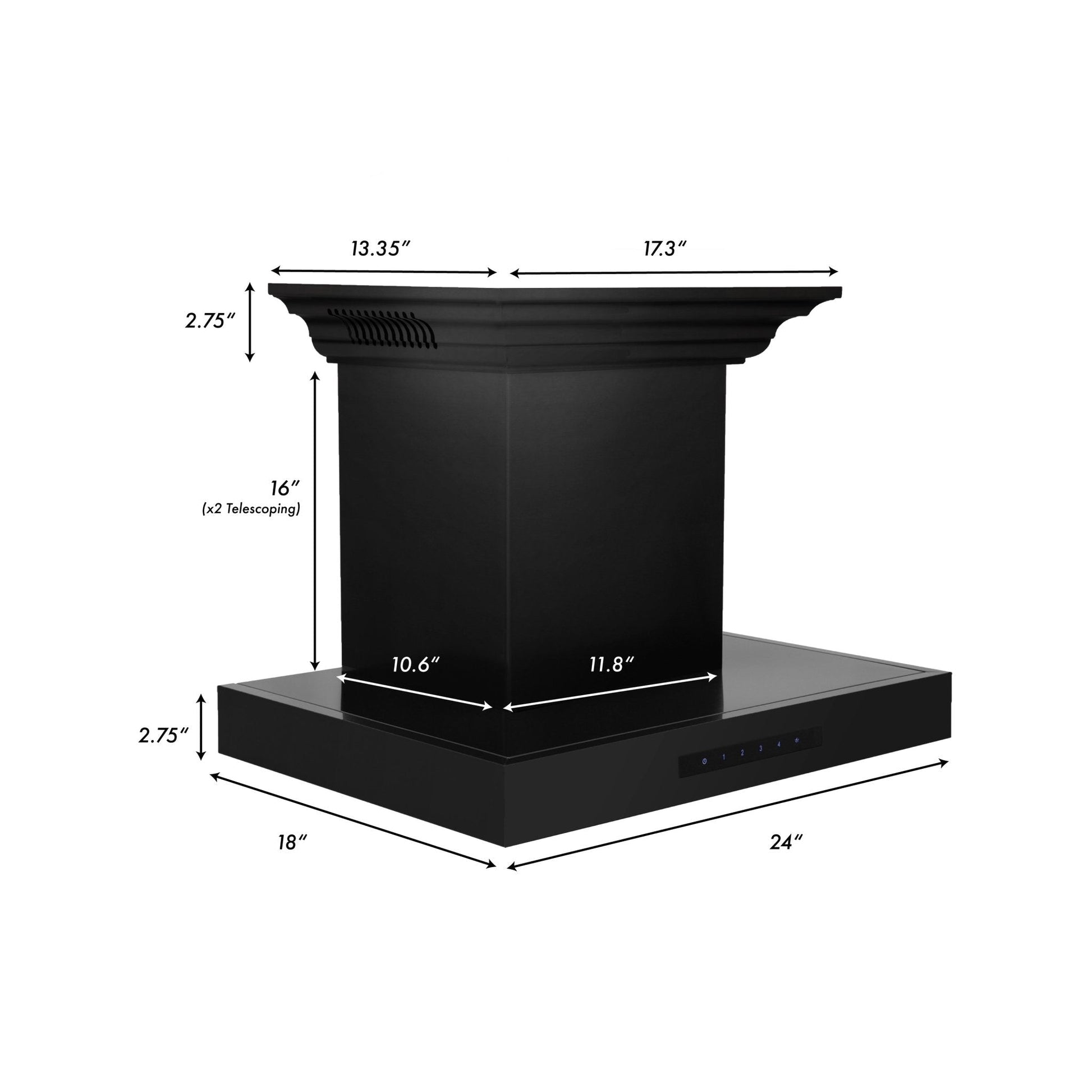 ZLINE Wall Mount Range Hood in Black Stainless Steel with Built-in ZLINE CrownSound Bluetooth Speakers (BSKENCRN-BT) dimensional diagram.