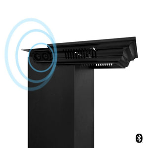 ZLINE Wall Mount Range Hood in Black Stainless Steel with Built-in ZLINE CrownSound Bluetooth Speakers (BSKENCRN-BT) chimney and speakers close-up.