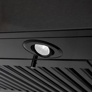 ZLINE Wall Mount Range Hood in Black Stainless Steel with Built-in ZLINE CrownSound Bluetooth Speakers (BSKENCRN-BT) LED lighting close-up.