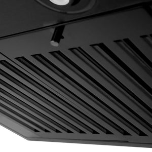 ZLINE Wall Mount Range Hood in Black Stainless Steel with Built-in ZLINE CrownSound Bluetooth Speakers (BSKENCRN-BT) dishwasher safe baffle filters close-up.