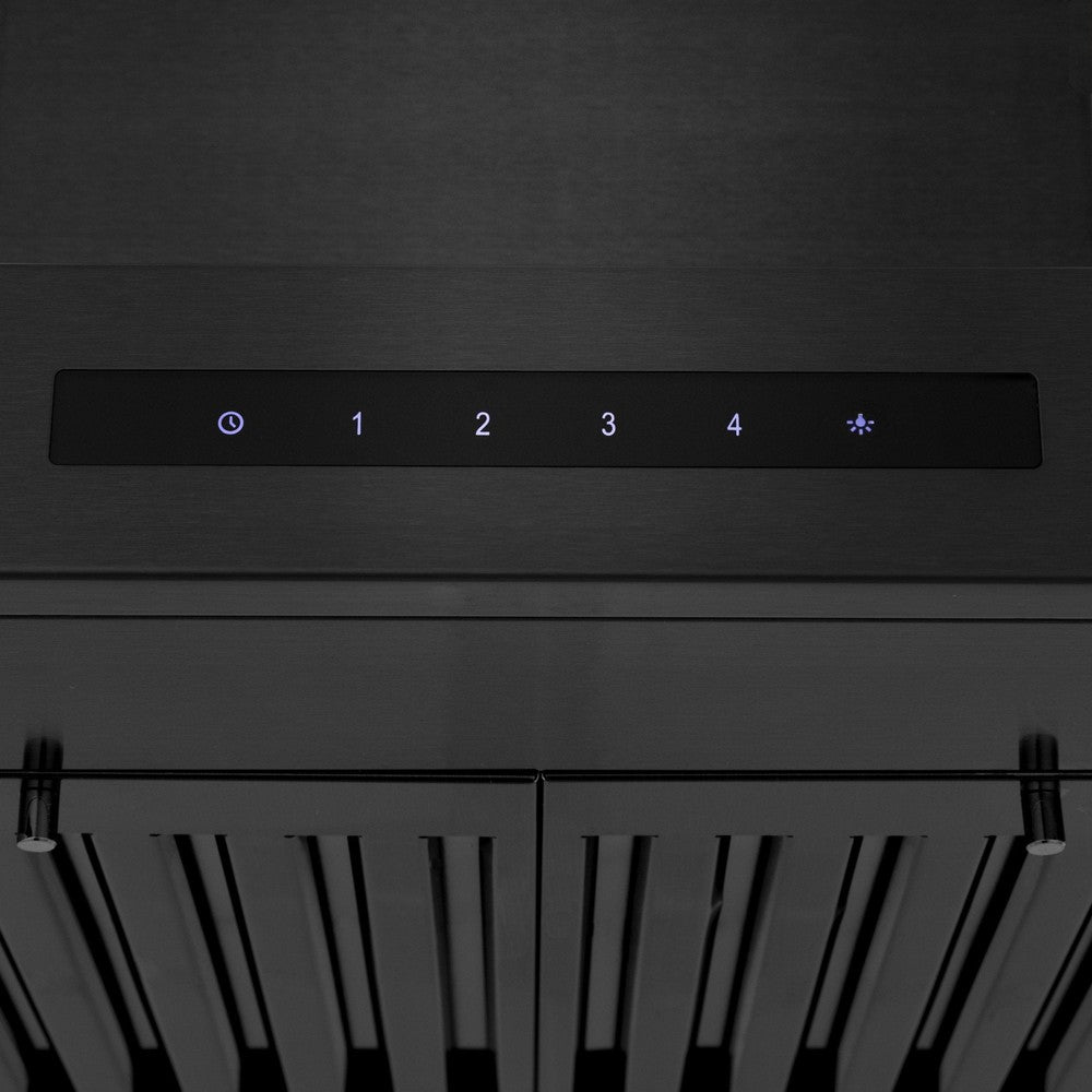ZLINE Wall Mount Range Hood in Black Stainless Steel with Built-in ZLINE CrownSound Bluetooth Speakers (BSKENCRN-BT) LCD touch controls close-up.